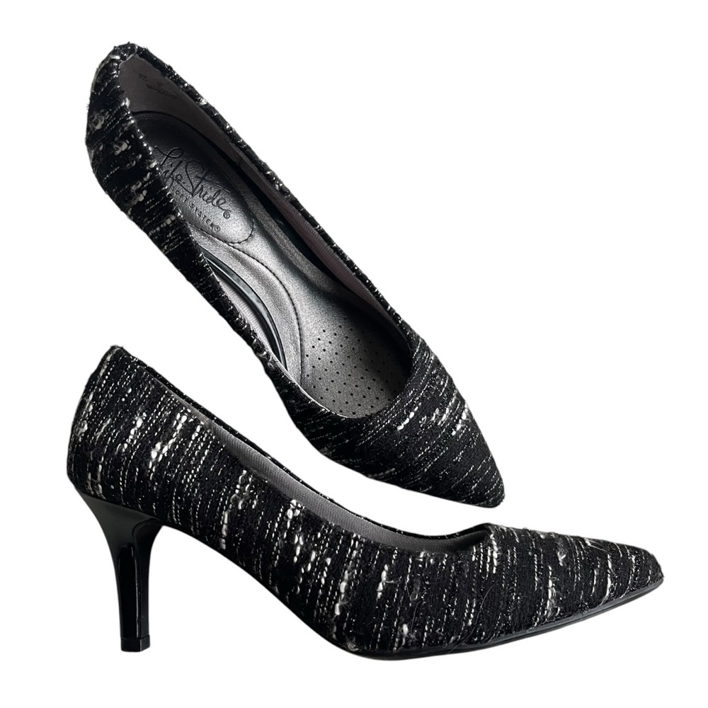 Lifestride Womens 7M Black White Shimmer Tweed Sevyn Flex Pointy Toe Heels Pumps